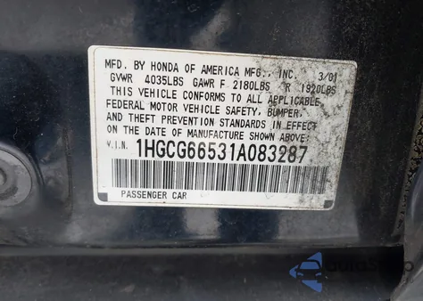 2001 Honda Accord 2.3 Lx z USA, uszkodzony, nr VIN 1HGCG66531A083287